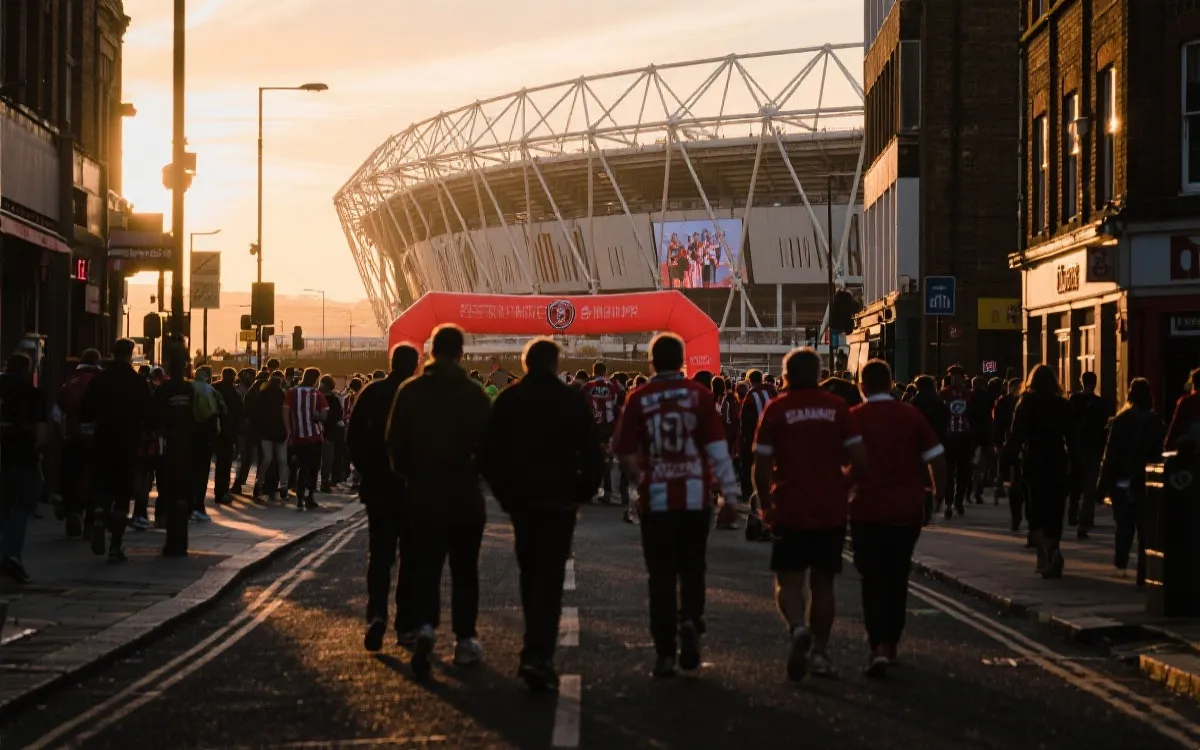世界杯比赛日的城市街区：球迷步行前往球场，城市地标与灯光氛围