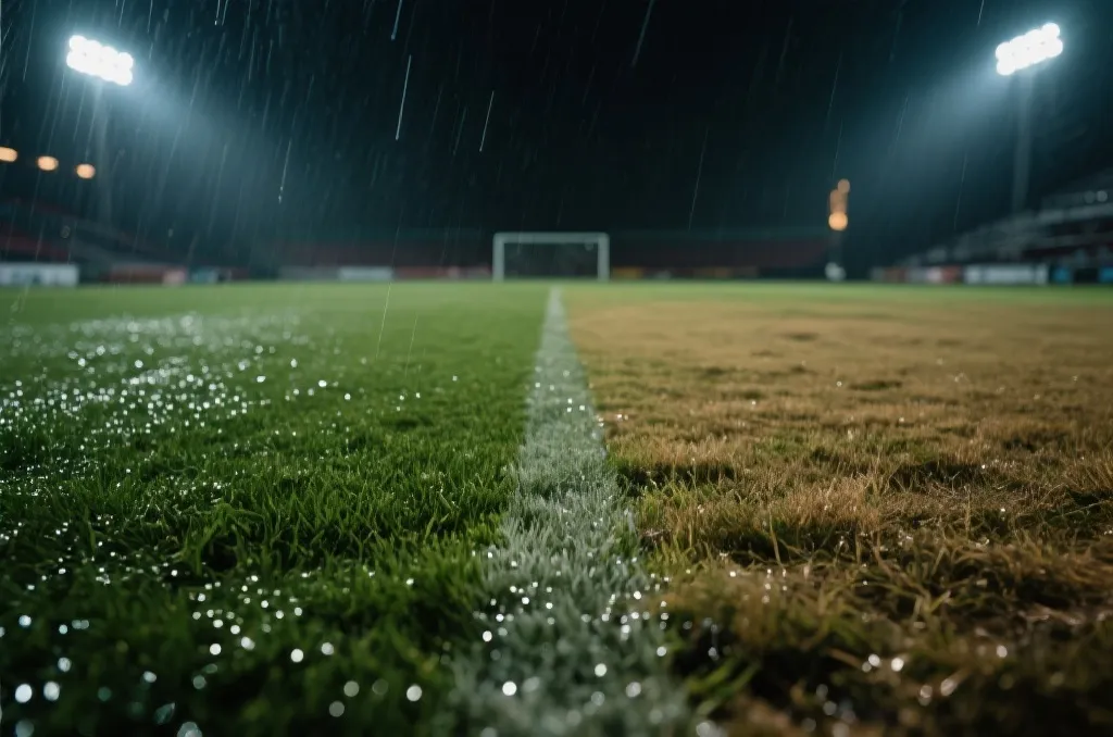 夜晚球场在不同天气条件下的草皮与灯光，体现天气与场地对比赛节奏的影响